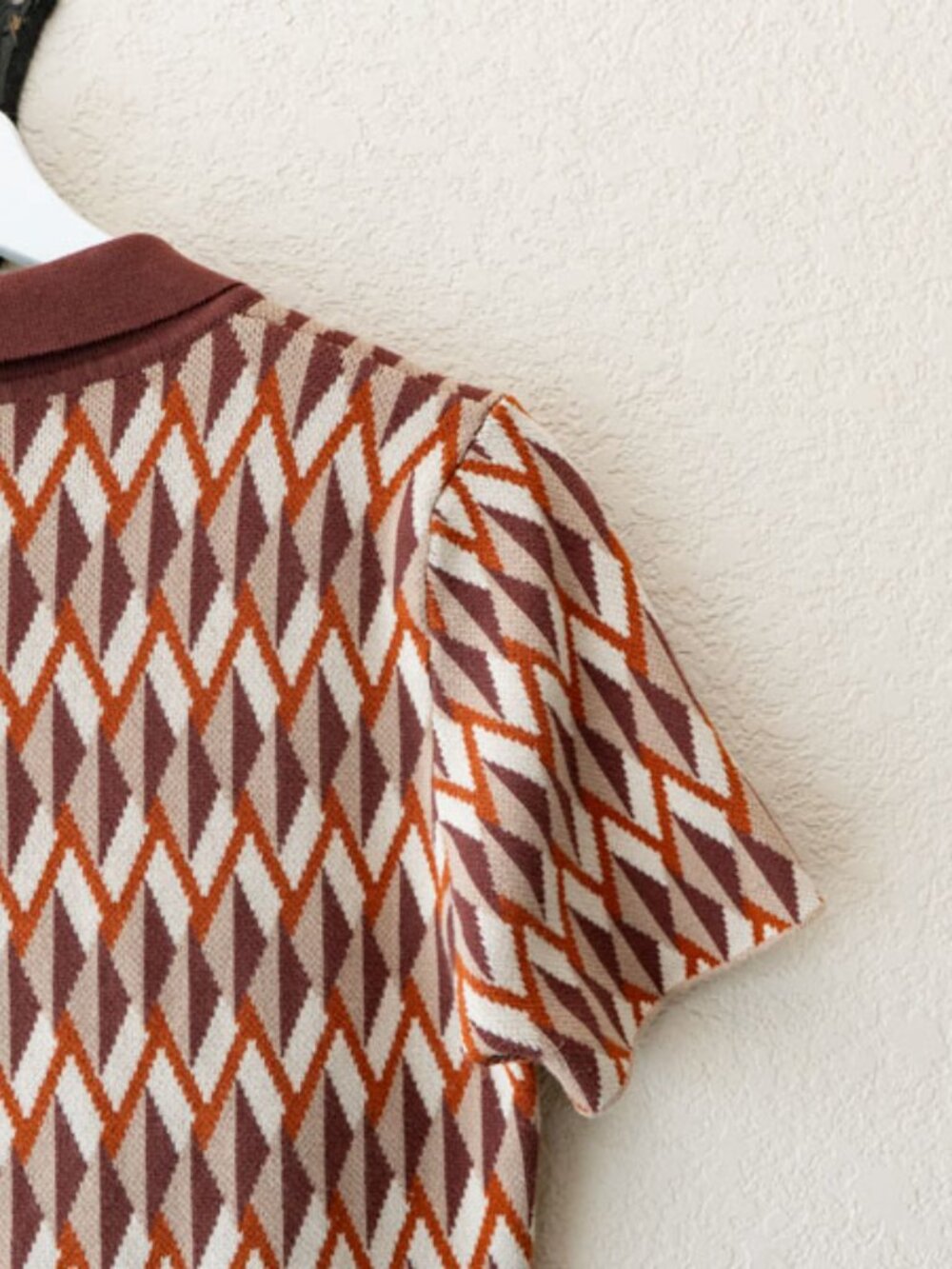 Miss Love Retro Geometric Crop Polo Top Brown Mod Sweater Knit Large - Picture 10 of 12